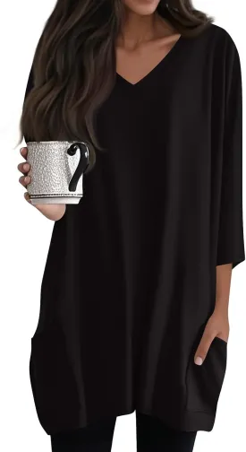 Womens Tunics To Wear With Leggings Summer 3/4 Length Sleeve V Neck Tshirts With Pockets Long Blouses Dressy Casual