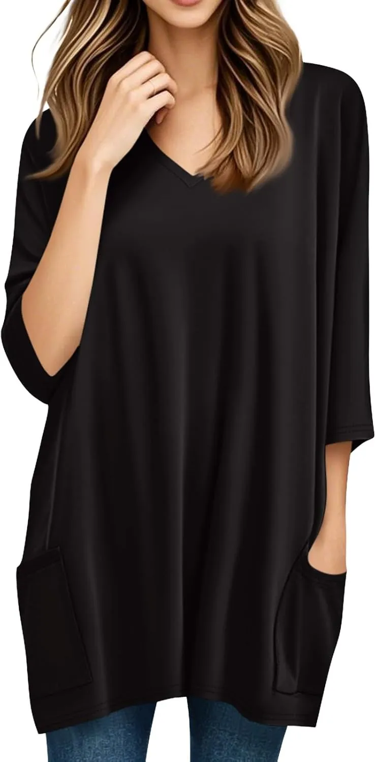 Womens Tunics To Wear With Leggings Summer 3/4 Length Sleeve V Neck Tshirts With Pockets Long Blouses Dressy Casual
