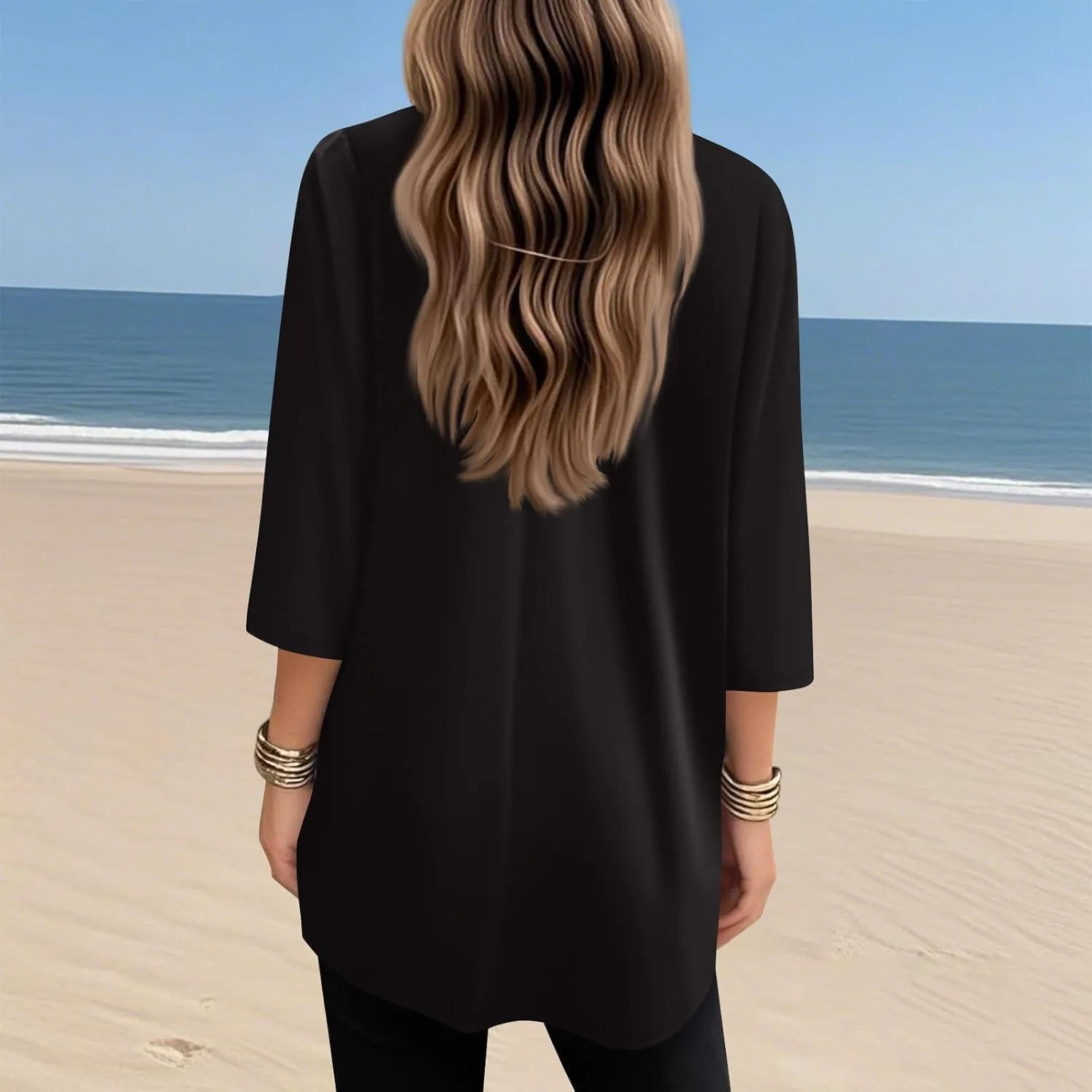 Womens Tunics To Wear With Leggings Summer 3/4 Length Sleeve V Neck Tshirts With Pockets Long Blouses Dressy Casual