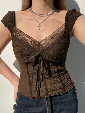 Y2K Vintage Aesthetic Bow Brown Summer T shirt Women Chic Shirred Lace Trim Crop Top Korean 90s Tee Shirts Stitch New