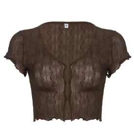 Y2K Vintage Fashion Brown Crop Top Sexy Skinny Summer T-shirts Women See Through Frill 90s Aesthetic Cute Preppy Tees