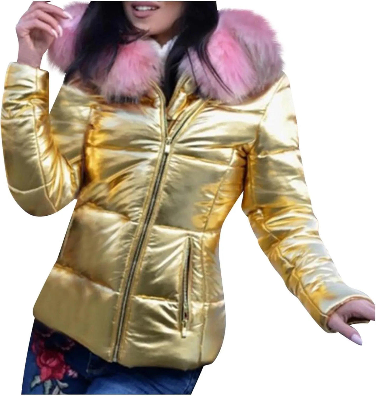 yardsong Womens Fashion Puffer Coats Faux Fur Trim Hood Parka Jackets Zip Up Long Sleeve Winter Outwear with Zipper Pockets