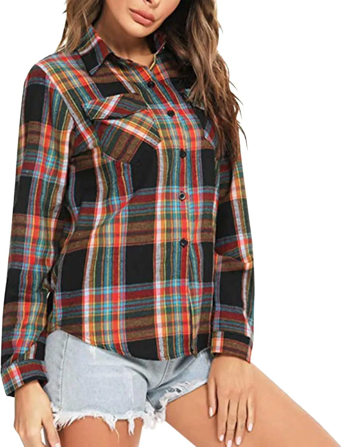 ZYXTIM Womens Plaid Shirts Classic-Fit Long-Sleeve Loose-Fit Lightweight Collar Flannel Shirts Fashion Boyfriend Blouses Tops