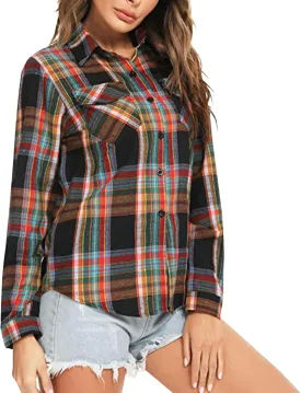 ZYXTIM Womens Plaid Shirts Classic-Fit Long-Sleeve Loose-Fit Lightweight Collar Flannel Shirts Fashion Boyfriend Blouses Tops