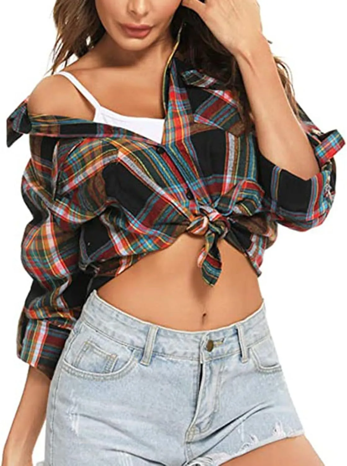 ZYXTIM Womens Plaid Shirts Classic-Fit Long-Sleeve Loose-Fit Lightweight Collar Flannel Shirts Fashion Boyfriend Blouses Tops